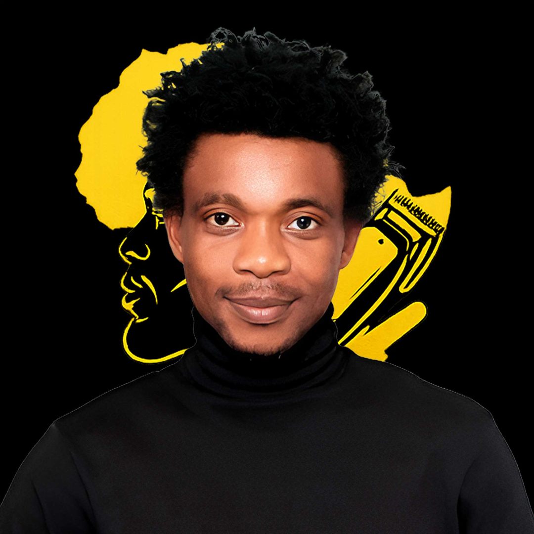 Portrait of Kufre Nnah, CEO of Kay’s Place, in a black turtleneck against a gold Africa graphic.