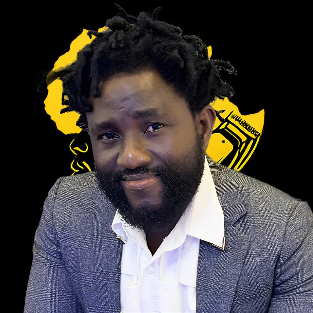 Portrait of the CEO of Mastercut Unisex Salon in a grey blazer against a gold Africa graphic.