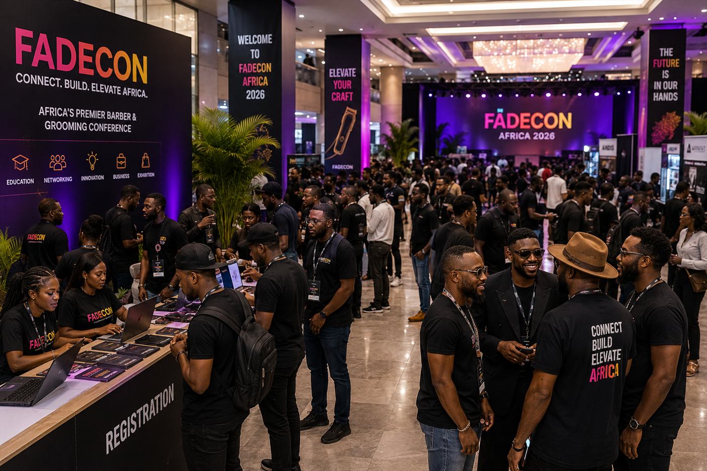 The FADECON event floor, crowded with delegates in black.