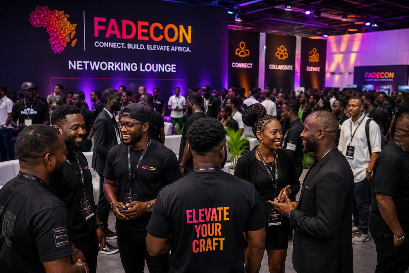 Barbers and owners networking in the FADECON lounge.