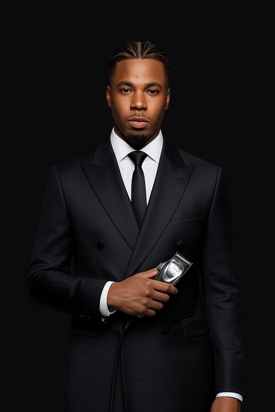 Jimmy Ofuoyan, founder of 360Kuts, in a black suit holding clippers.